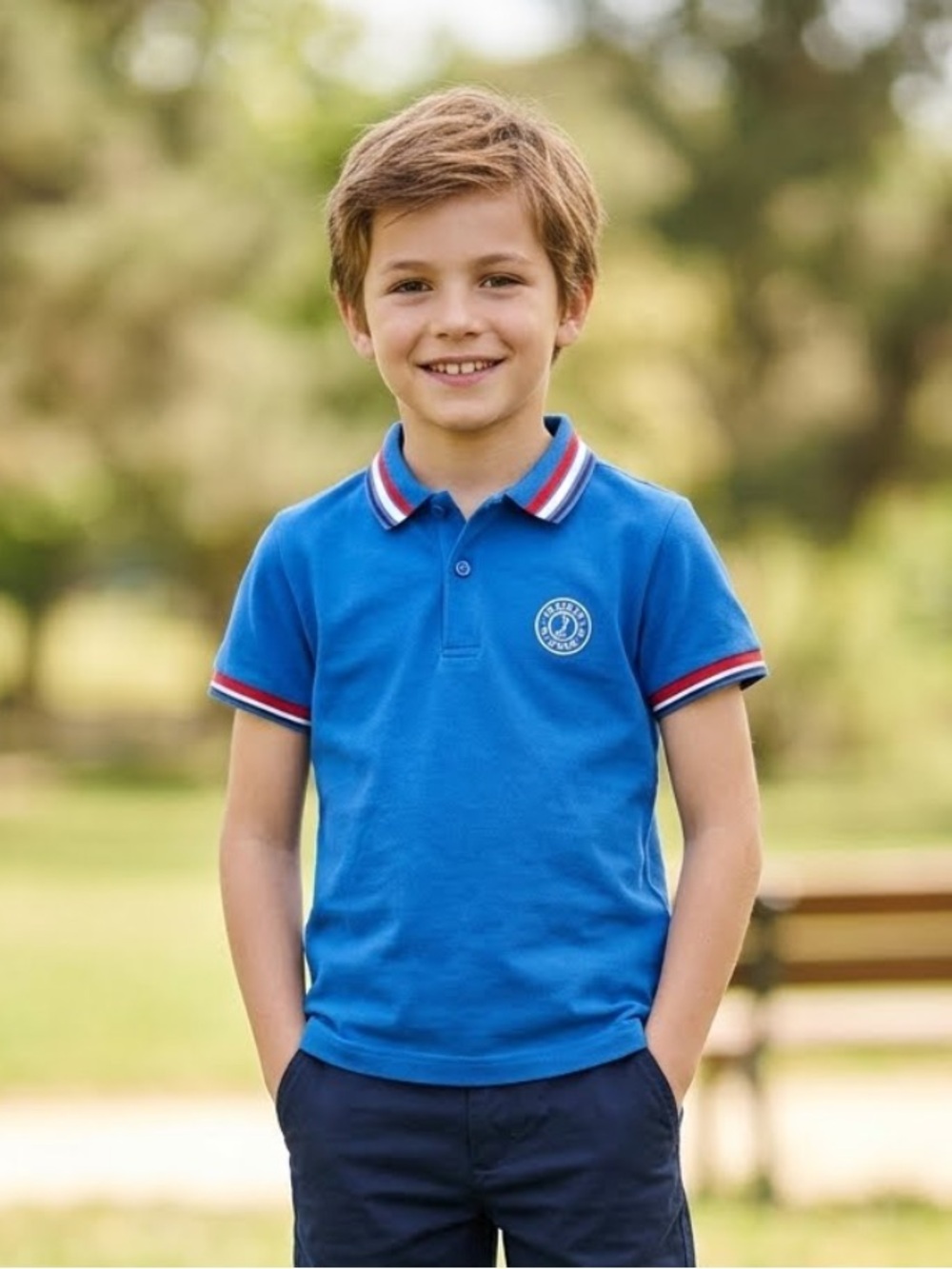 Jacadi Paris Boys Preppy Blue Polo Shirt w Red-Trim Collar, Sz 10, 100% Cotton